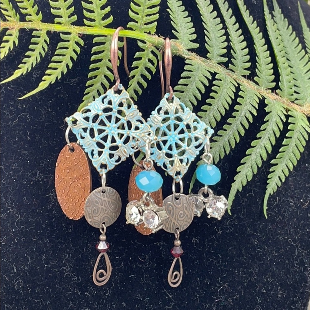 Handcrafted Turquoise Filigree Dangle Earrings - Boho Mixed Metal Style